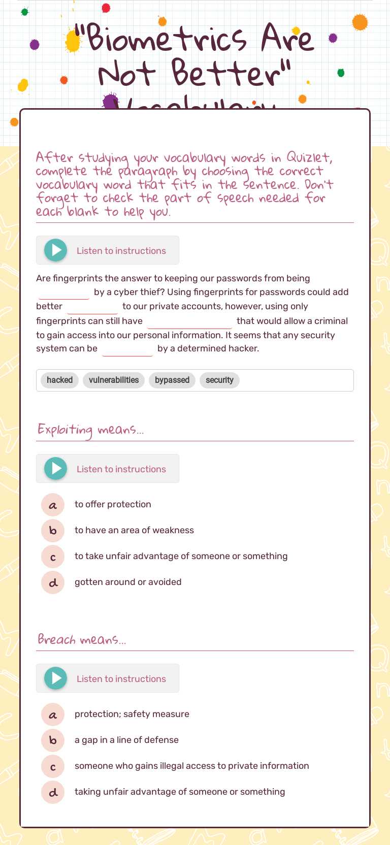 "Biometrics Are Not Better" Vocabulary worksheet preview image