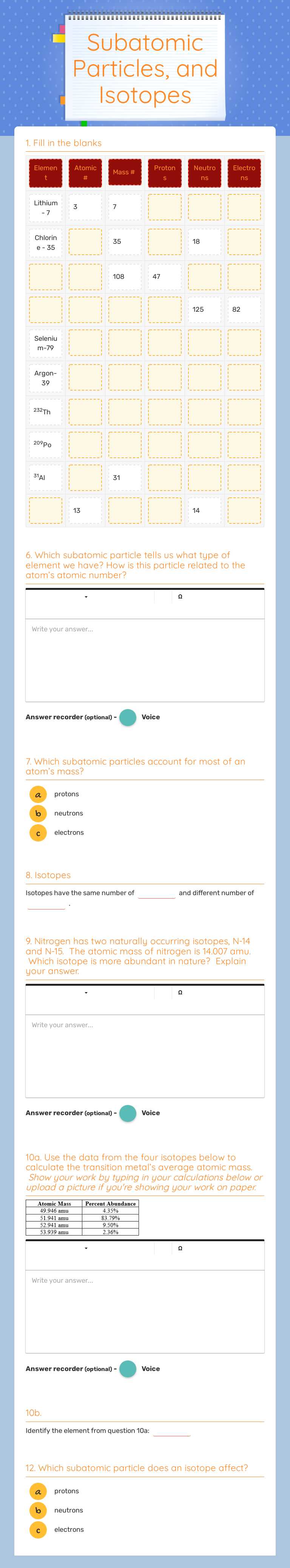 Subatomic Particles, and Isotopes worksheet preview image