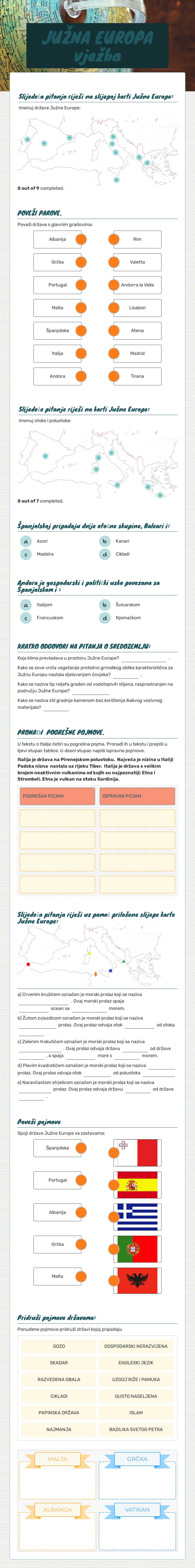 JUŽNA EUROPA vježba Grade 7 worksheet preview