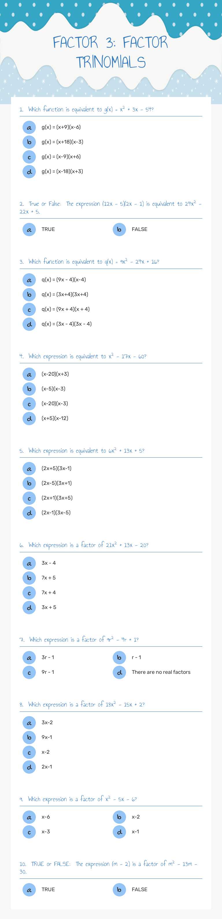 FACTOR 3: FACTOR TRINOMIALS worksheet preview image