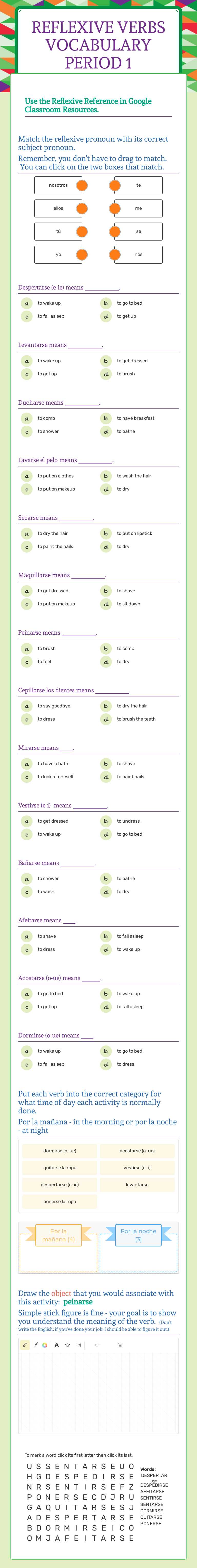 Reflexive Verbs Vocabulary worksheet preview image