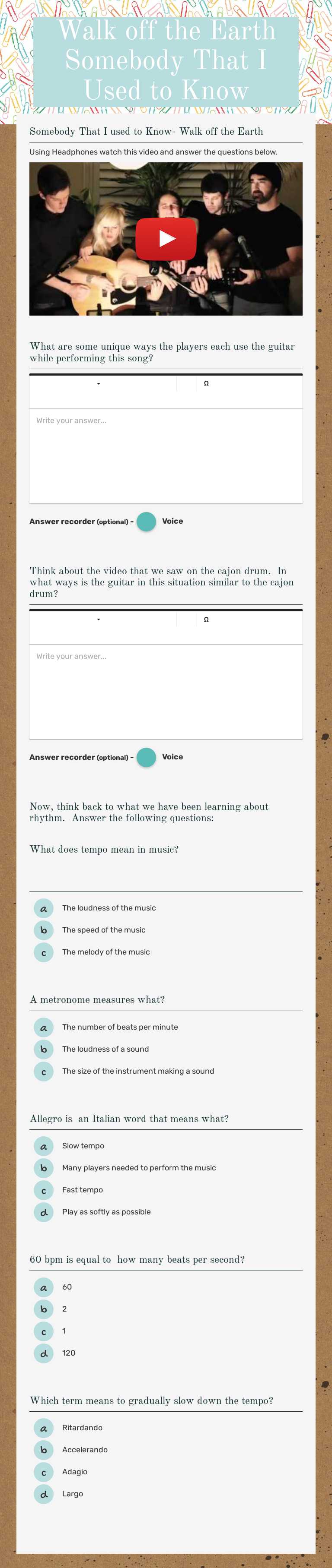 Walk off the Earth Somebody That I Used to Know worksheet preview image