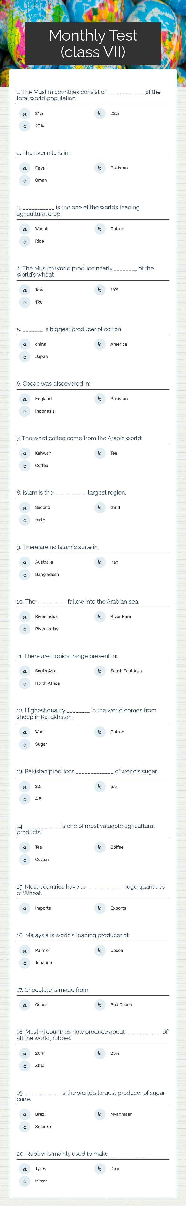 Monthly Test (class VII) Grade 7 worksheet preview