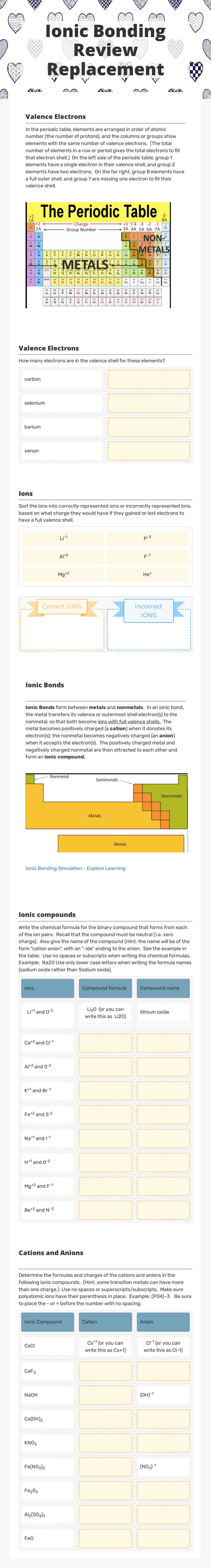 Ionic Bonding Review Replacement worksheet preview image