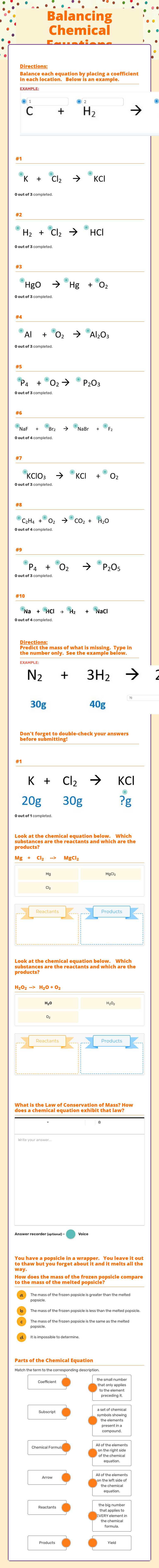 Balancing Chemical Equations Grade 8 worksheet preview