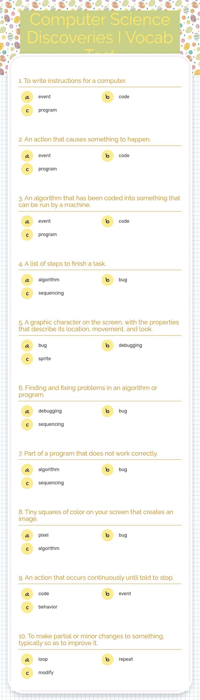Computer Science Discoveries I Vocab Test worksheet preview image