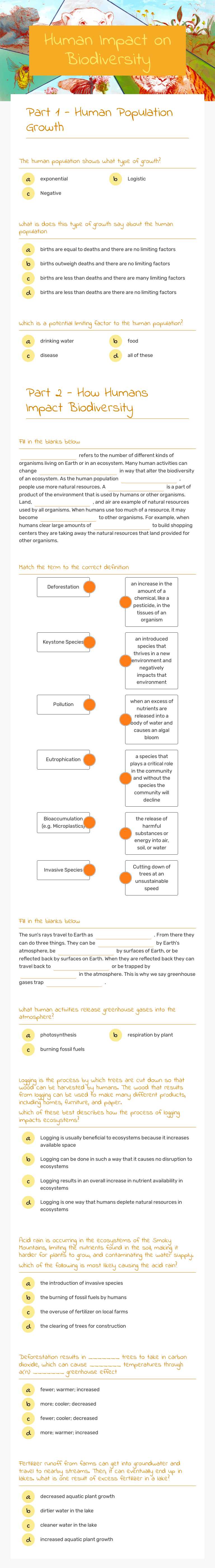 Human Impact on Biodiversity Grade 7 worksheet preview