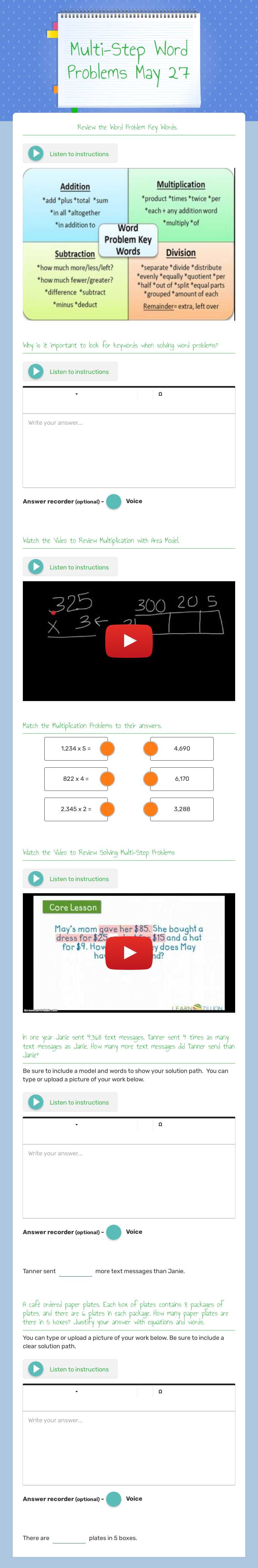 Multi-Step Word Problems May 27 Grade 4 worksheet preview