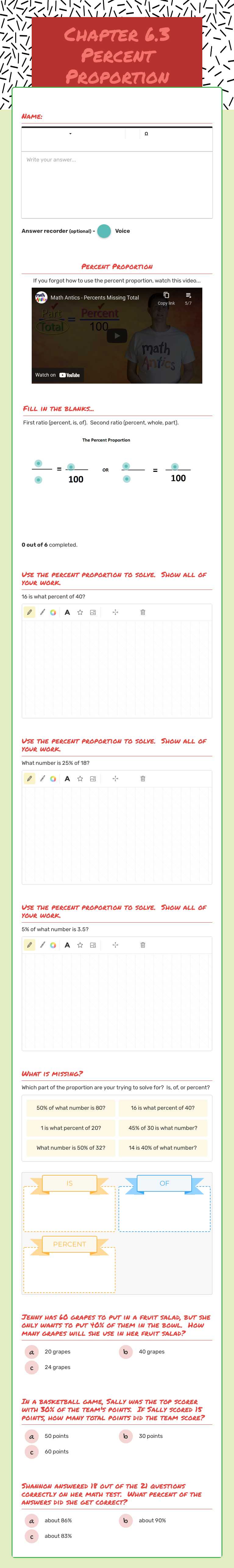 Chapter 6.3 Percent Proportion Grade 9 worksheet preview