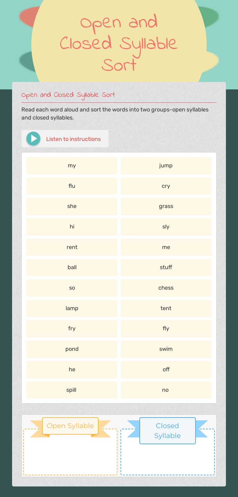 Open and Closed Syllable Sort worksheet preview image
