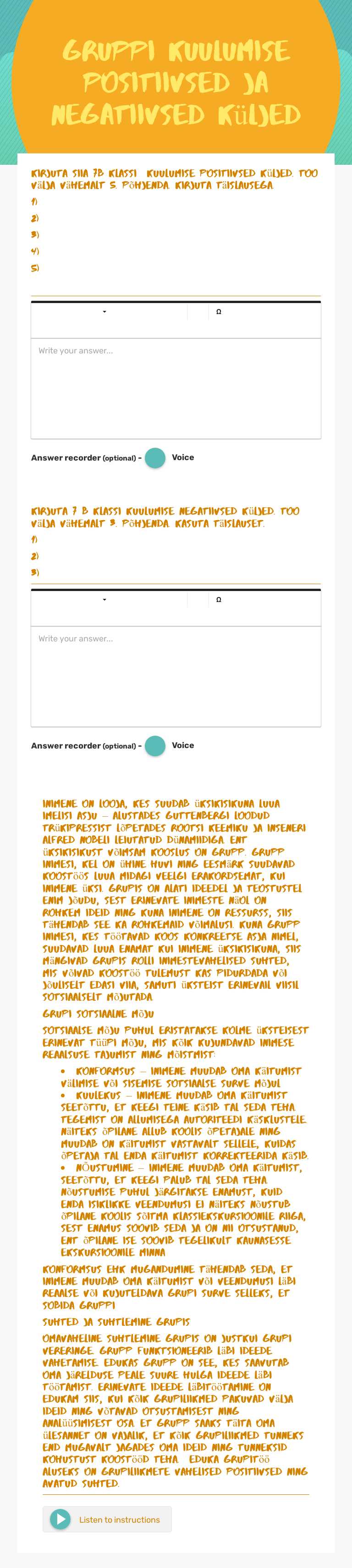 Gruppi kuulumise positiivsed ja negatiivsed küljed Grade 7 worksheet preview