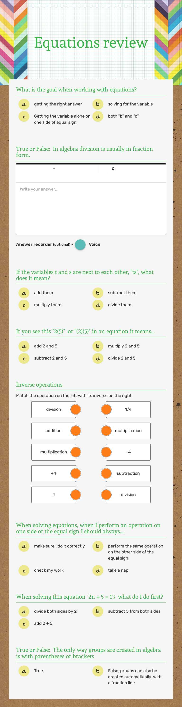 Equations review worksheet preview image