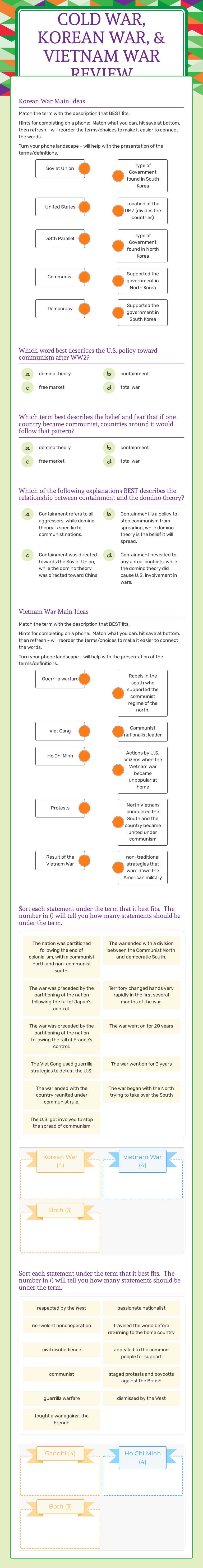 Cold War, Korean war, & Vietnam war Review Grade 7 worksheet preview