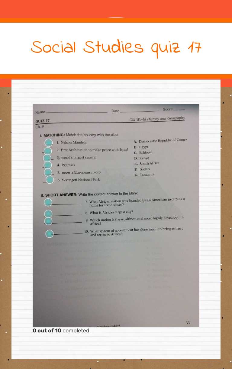 Social Studies quiz 17 worksheet preview image