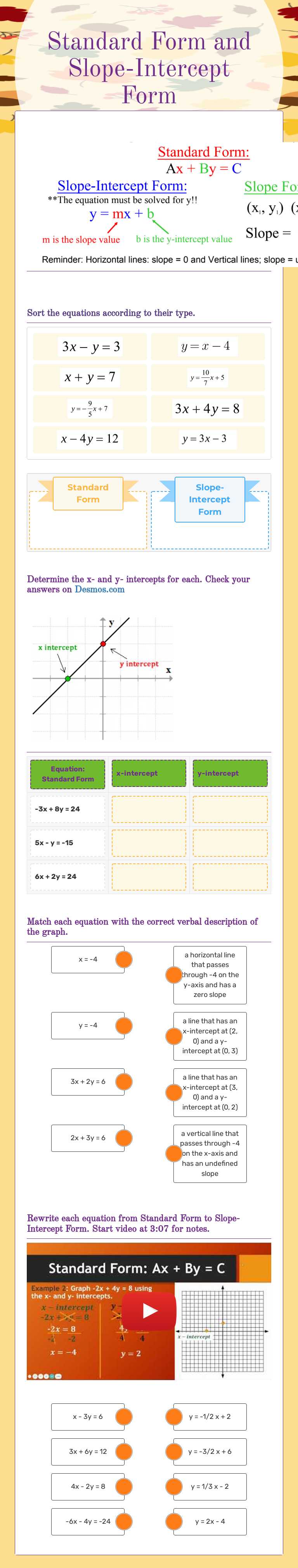 Standard Form and Slope-Intercept Form worksheet preview image