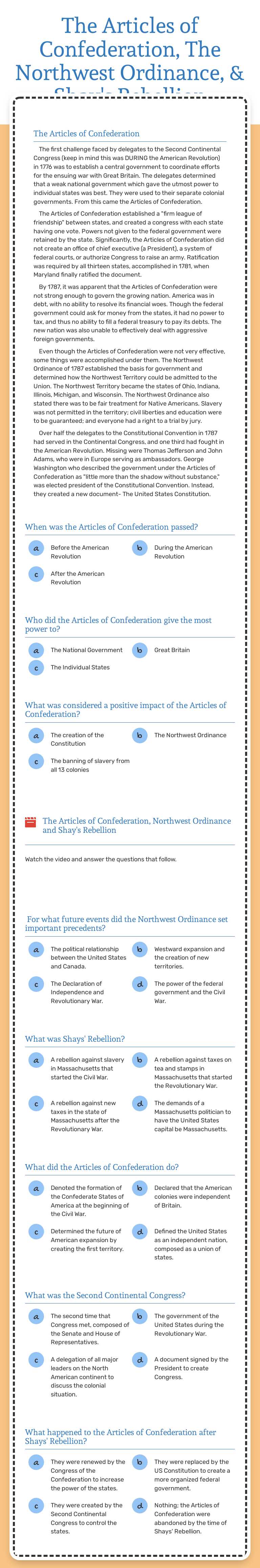 The Articles of Confederation, The Northwest Ordinance, & Shay's Rebellion Grade 10 worksheet preview