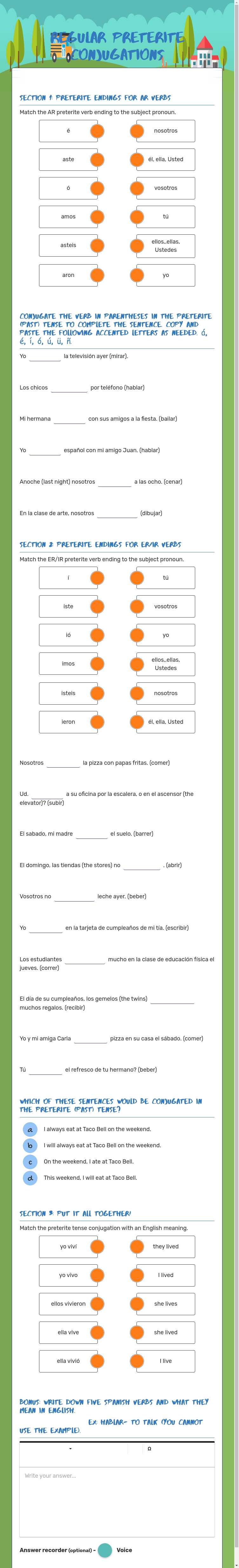 REGULAR PRETERITE CONJUGATIONS worksheet preview image