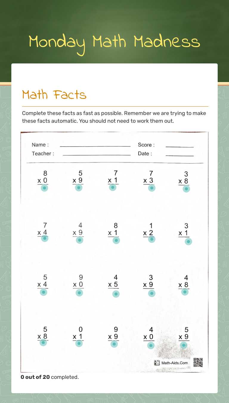 Monday Math Madness worksheet preview image