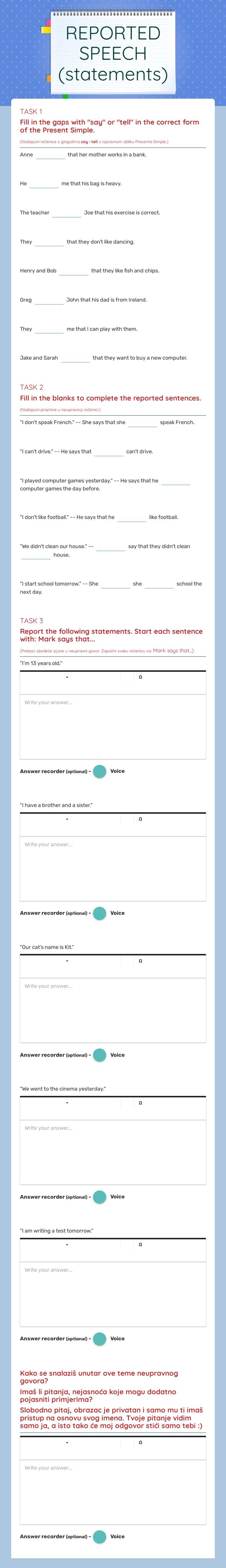 REPORTED SPEECH (statements) Grade 8 worksheet preview