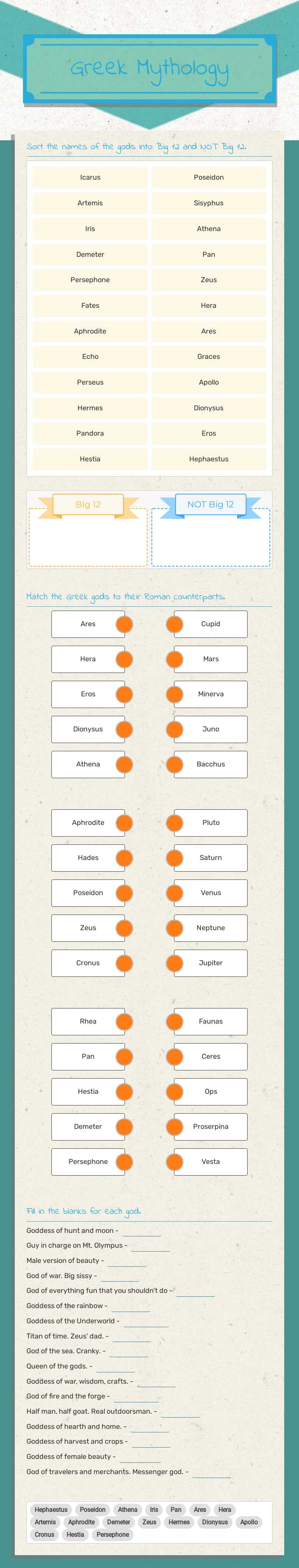Greek Mythology worksheet preview image
