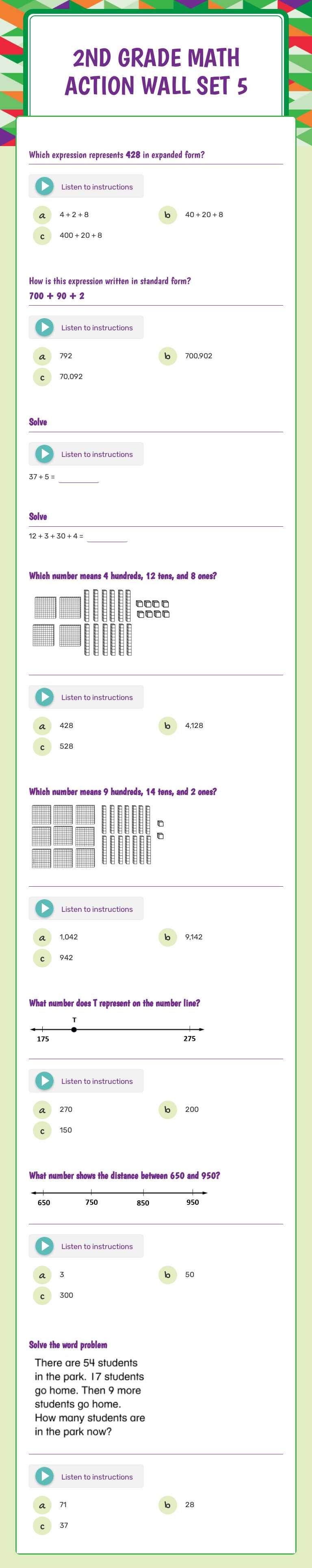2nd Grade Math Action Wall Set 5 worksheet preview image