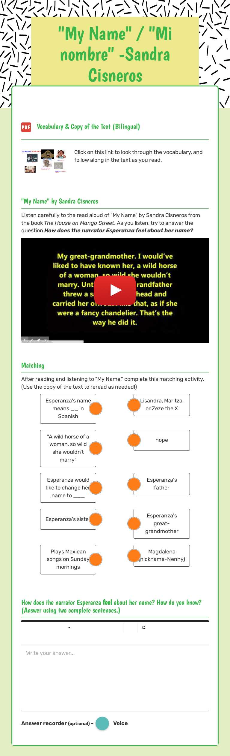 "My Name" / "Mi nombre" -Sandra Cisneros worksheet preview image