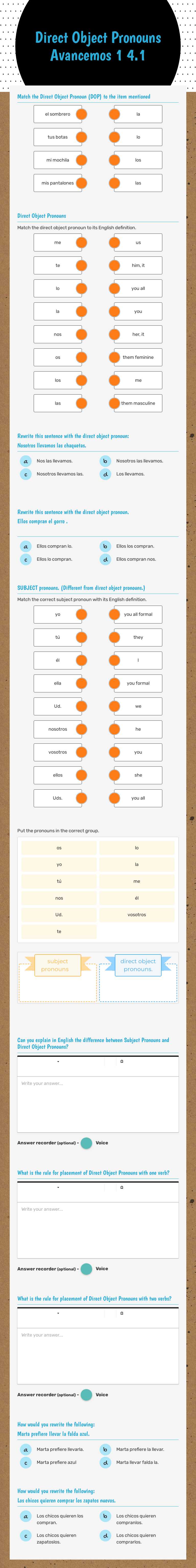 Direct Object Pronouns Avancemos 1 4.1 worksheet preview image