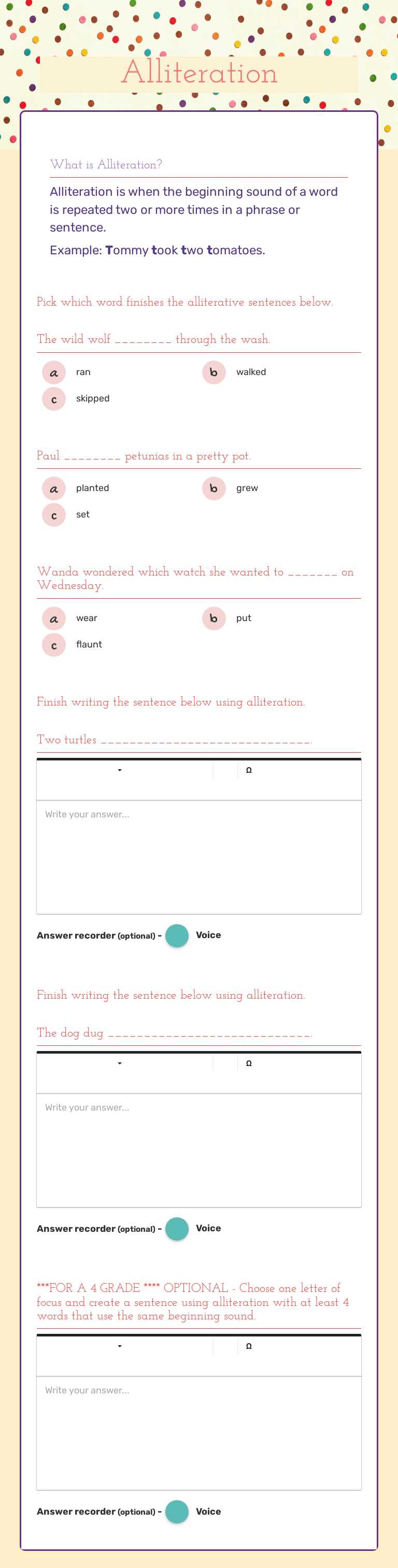 Alliteration Grade 4 worksheet preview