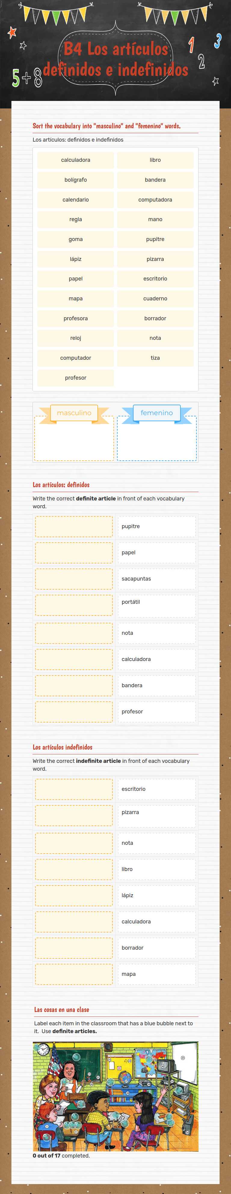 B4 Los artículos definidos e indefinidos worksheet preview image