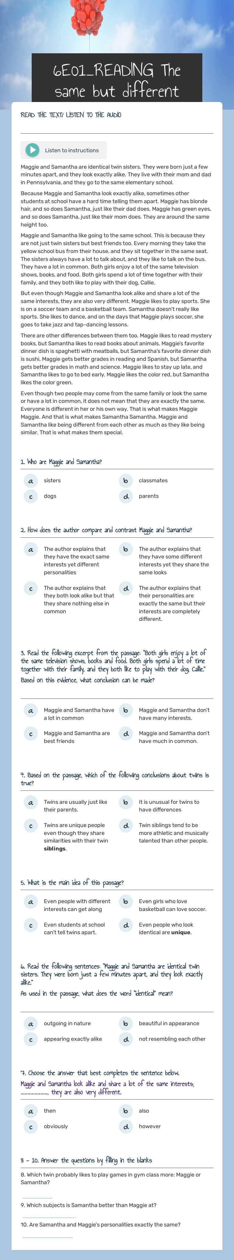 6E01_READING      The same but different Grade 6 worksheet preview