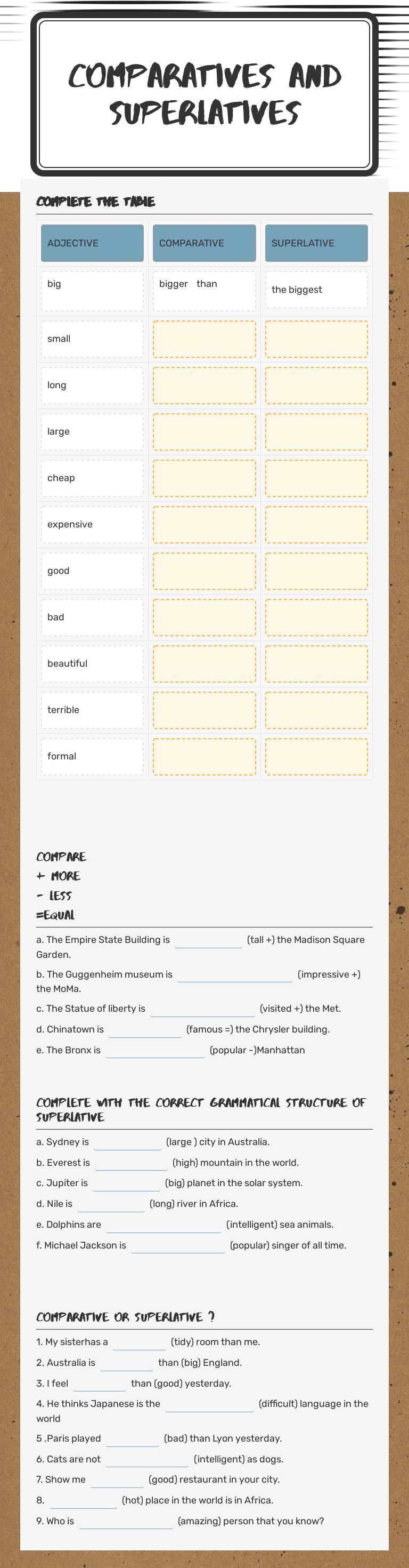 COMPARATIVES AND SUPERLATIVES worksheet preview image