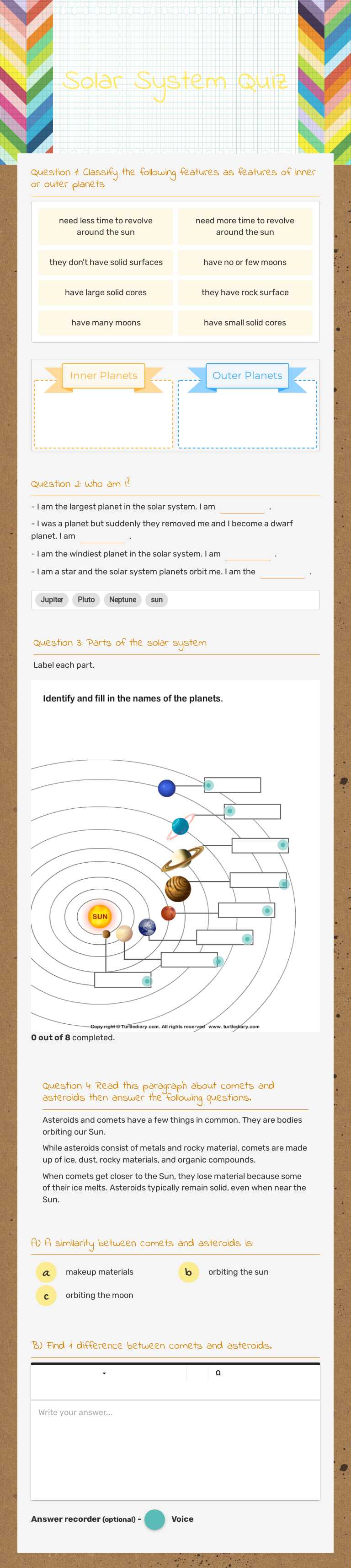 Solar System  Quiz worksheet preview image