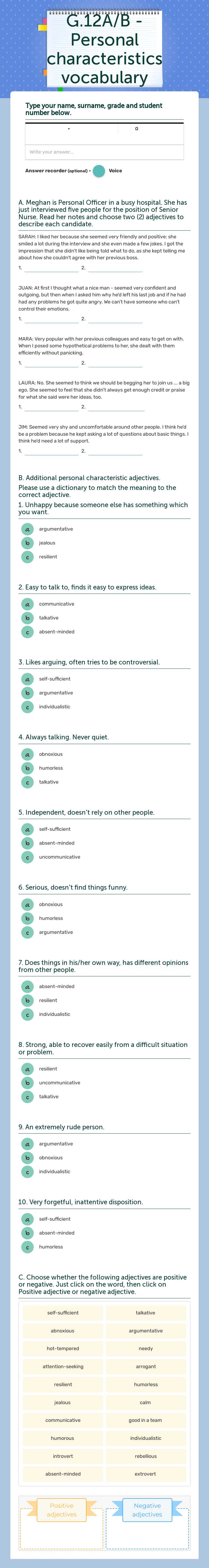 G.12A/B - Personal characteristics vocabulary worksheet preview image