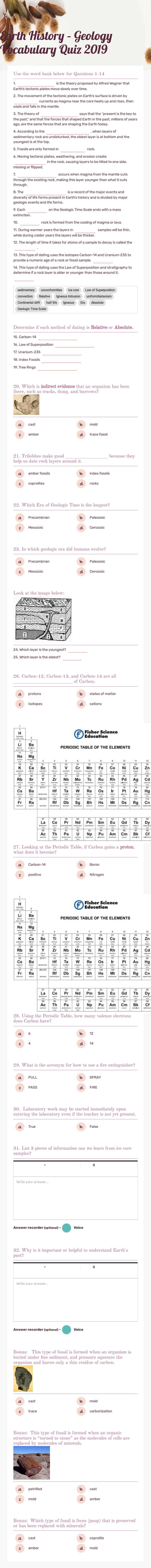 Earth History – Geology Vocabulary Quiz 2019 worksheet preview image