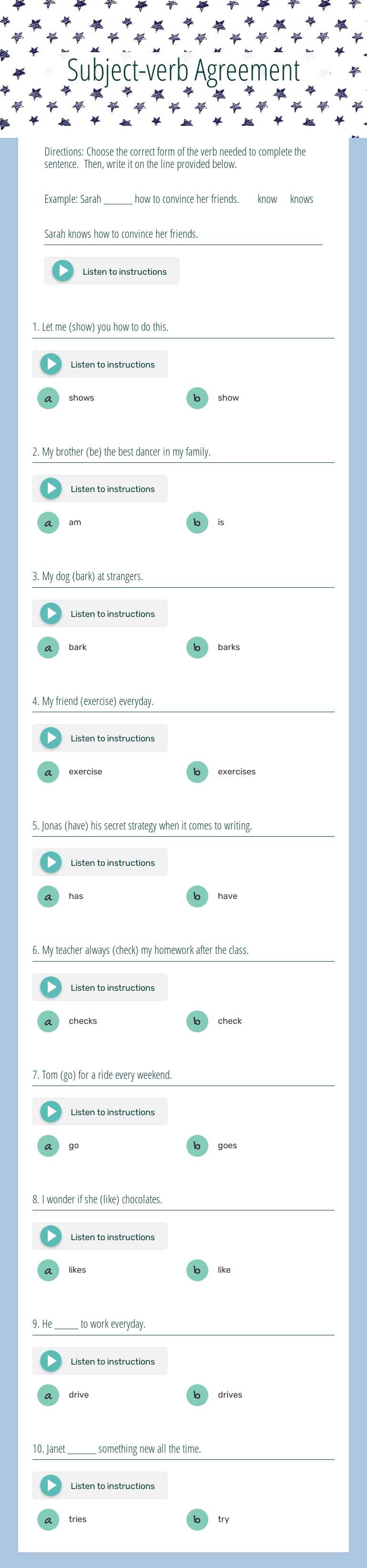 Subject-verb Agreement Grade 4 worksheet preview