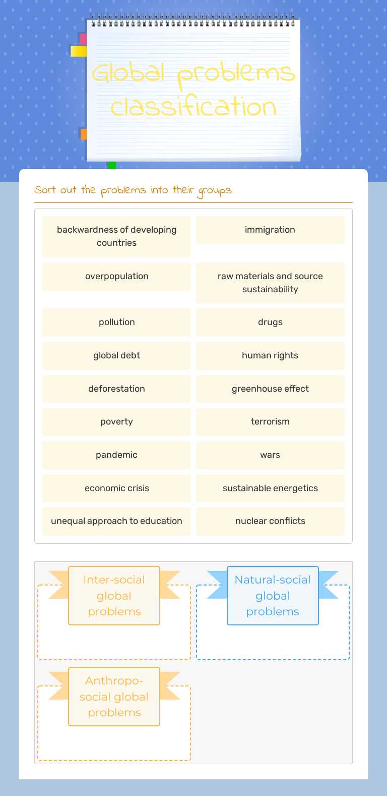 Global problems classification worksheet preview image