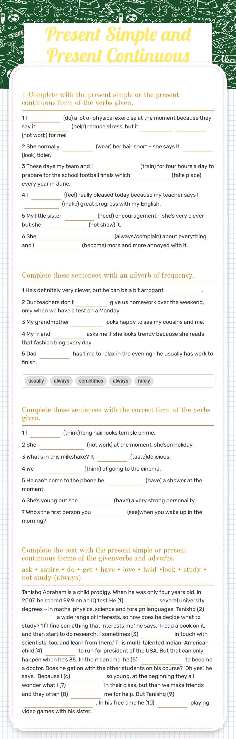 Present Simple and Present Continuous Grade 7 worksheet preview