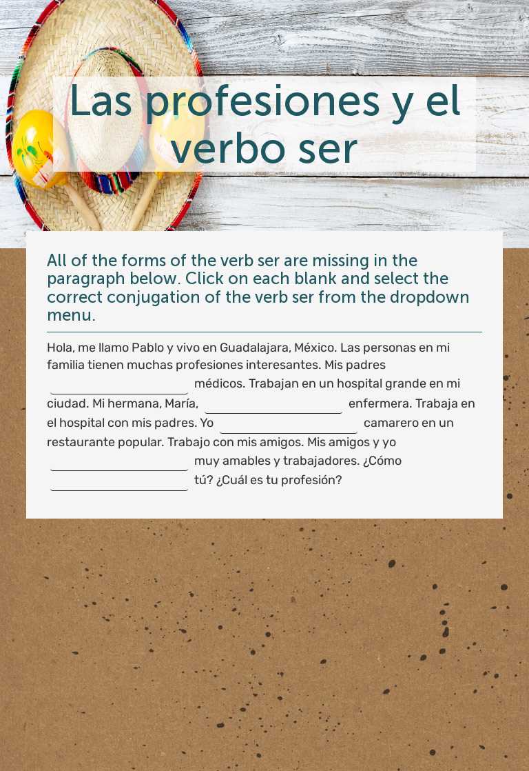 Las profesiones y el verbo ser Grade 8 worksheet preview