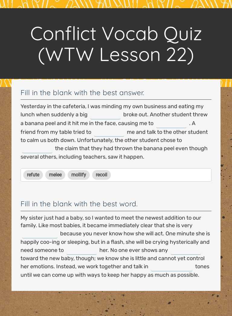 Conflict  Vocab Quiz (WTW Lesson 22) Grade 8 worksheet preview