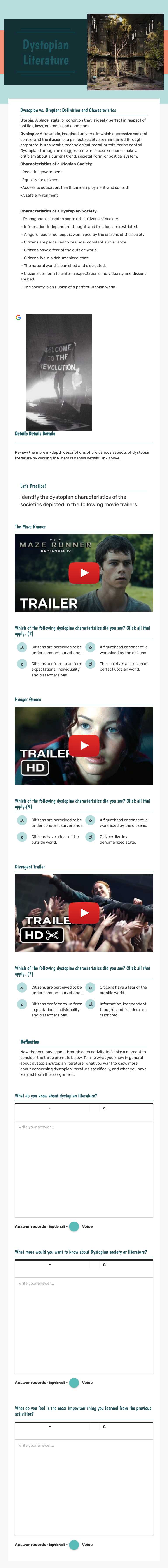 Dystopian Literature worksheet preview image