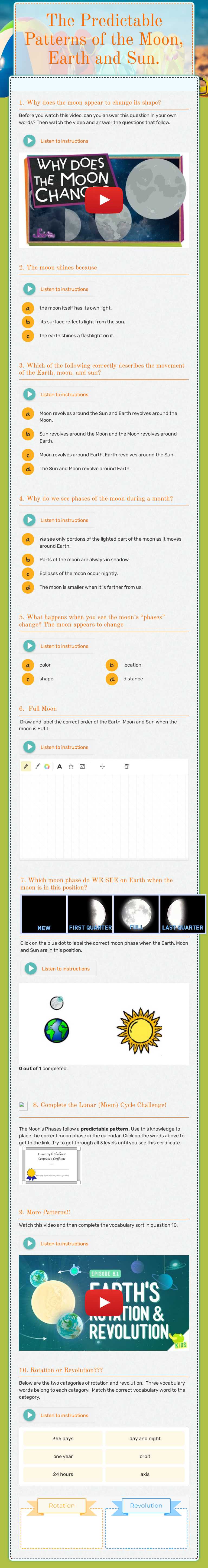 The Predictable Patterns of the Moon, Earth and Sun. Grade 6 worksheet preview