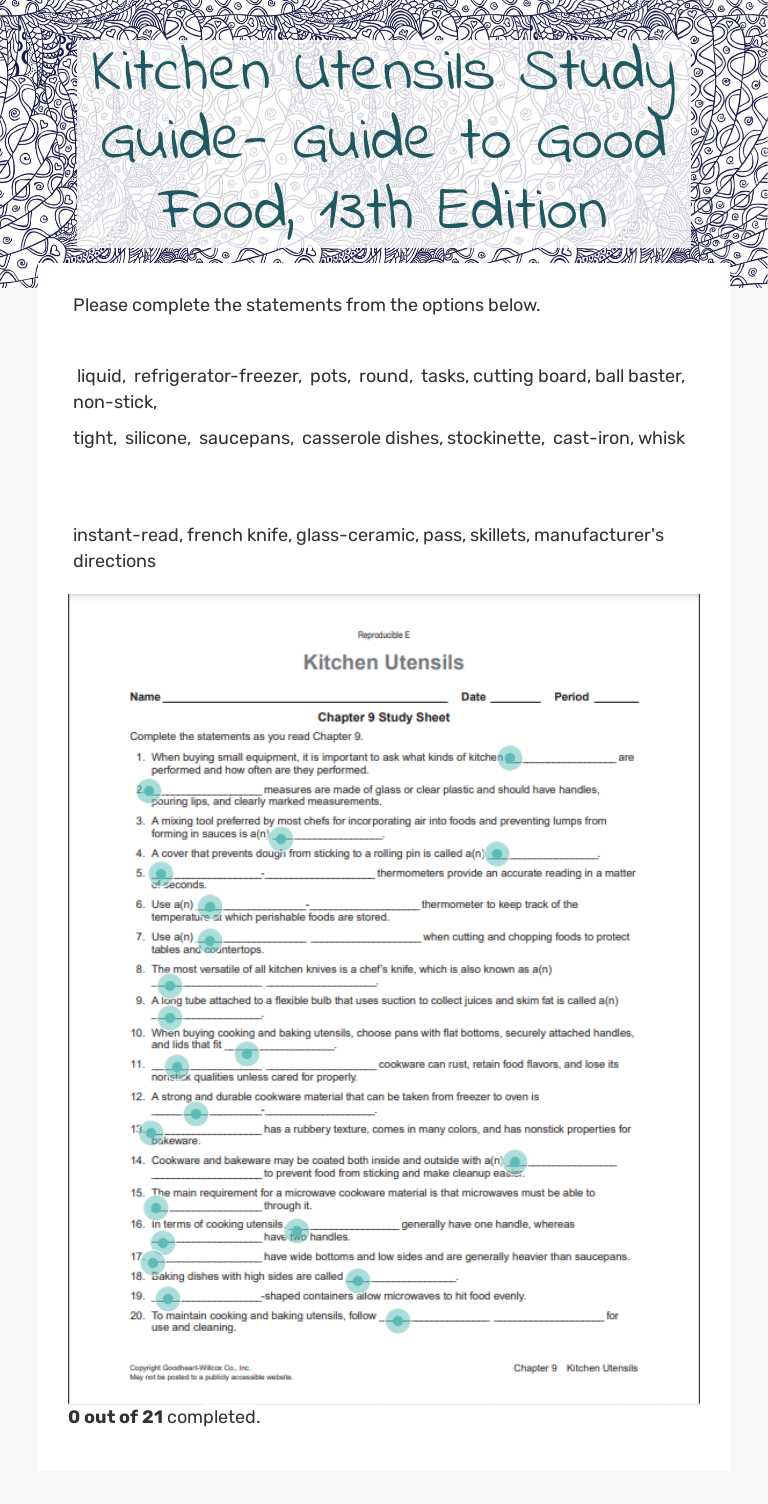Kitchen Utensils Study Guide-  Guide to Good Food, 13th Edition worksheet preview image