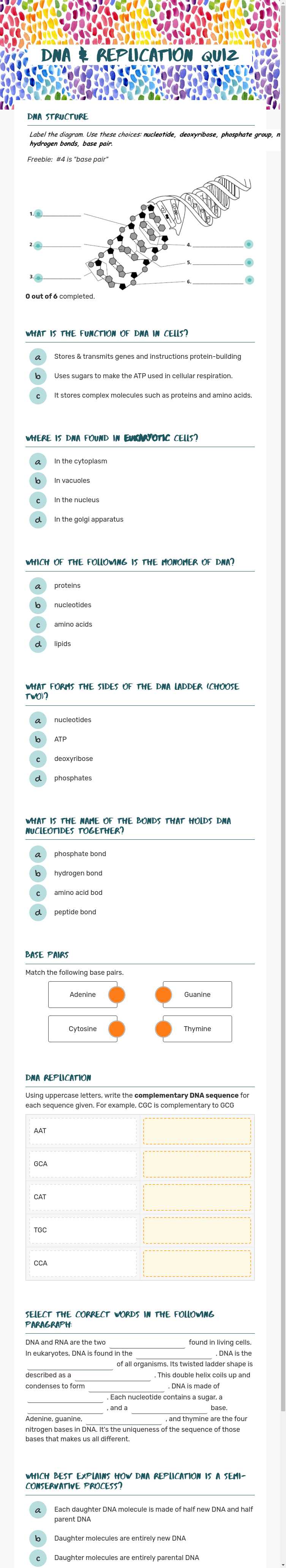 DNA & REPLICATION 
Quiz Grade 10 worksheet preview