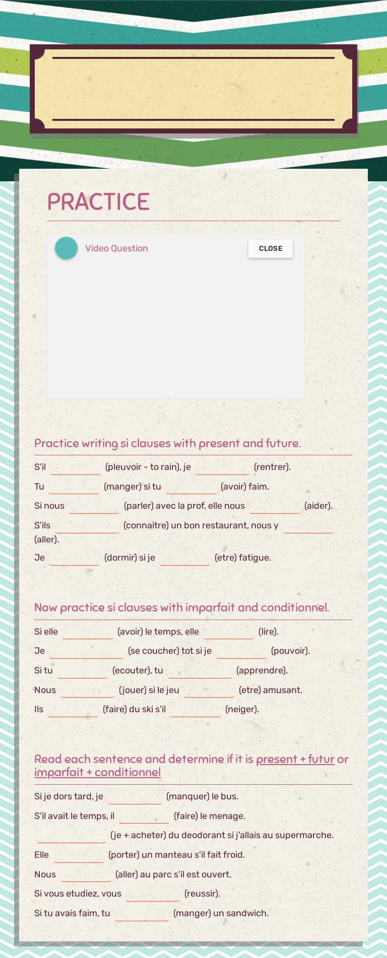 Si Phrases (Present + Future, Imparfait + Conditionnel) Grade 10 worksheet preview