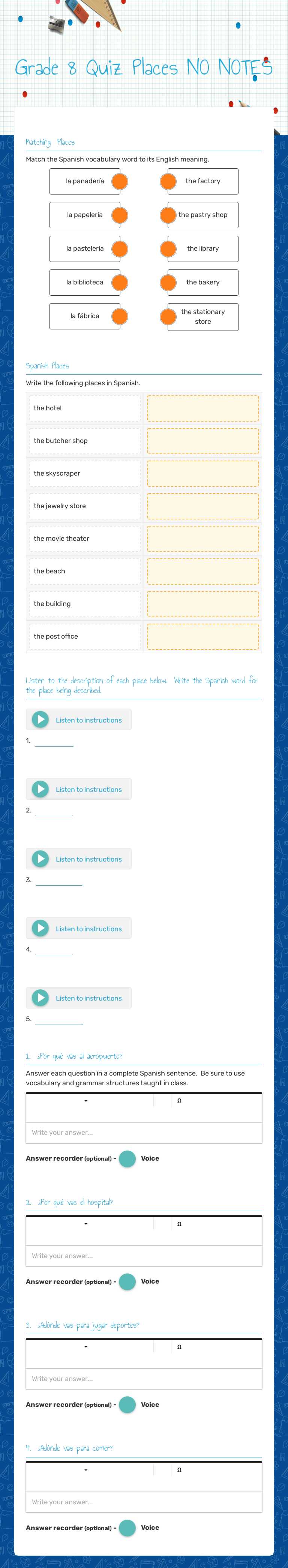 Grade 8 Quiz Places NO NOTES worksheet preview image