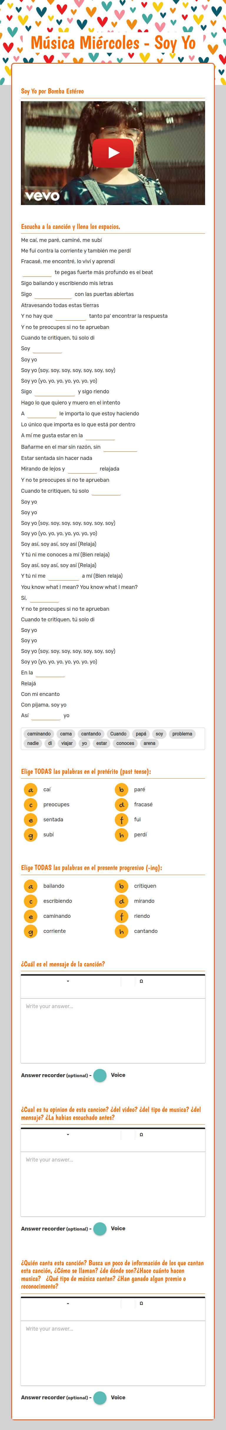 Música Miércoles - Soy Yo worksheet preview image