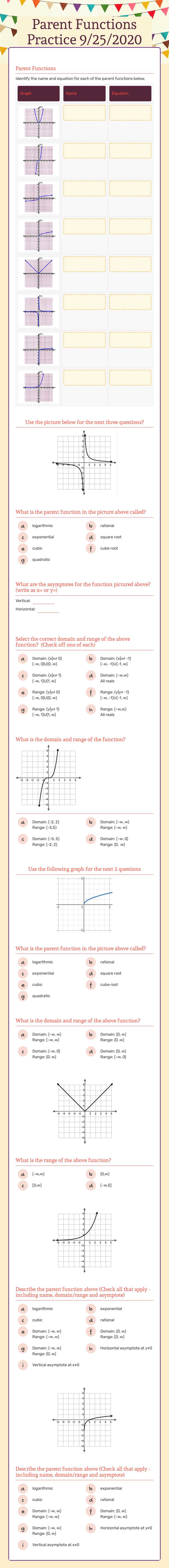Parent Functions Practice 9/25/2020 worksheet preview image