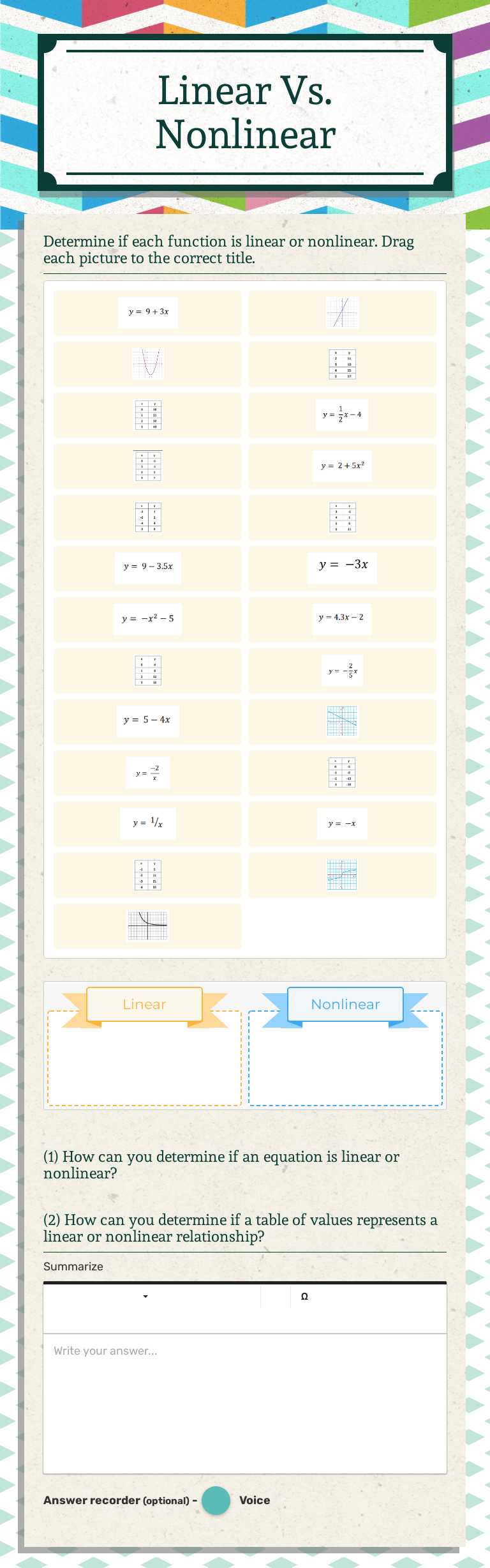 Linear Vs. Nonlinear worksheet preview image
