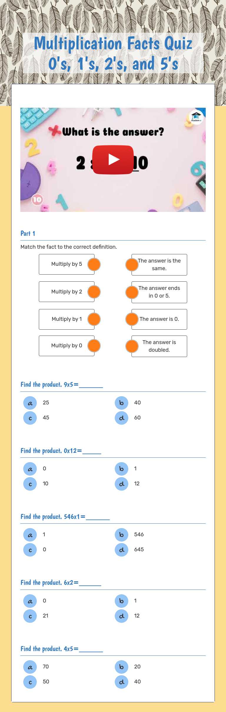 Multiplication Facts Quiz   0's, 1's, 2's, and 5's worksheet preview image