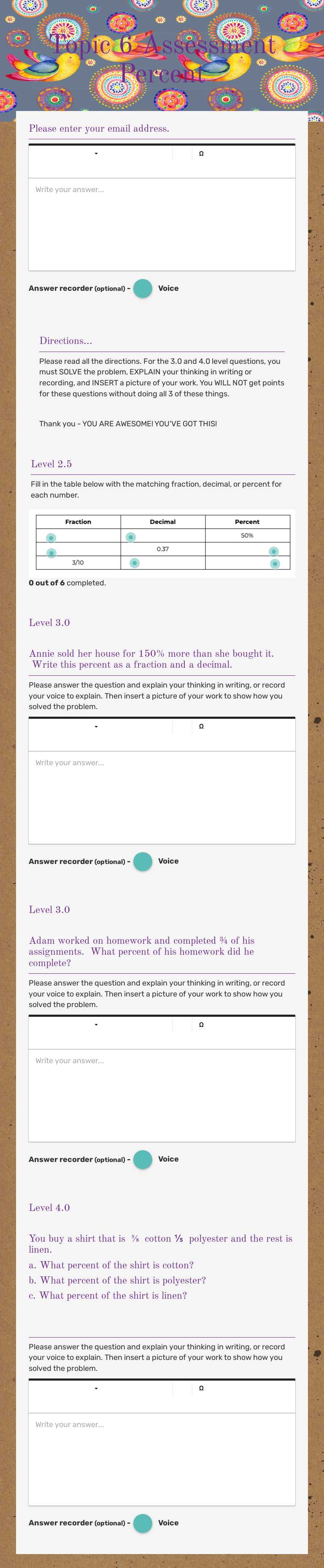 Topic 6 Assessment Percent Grade 6 worksheet preview